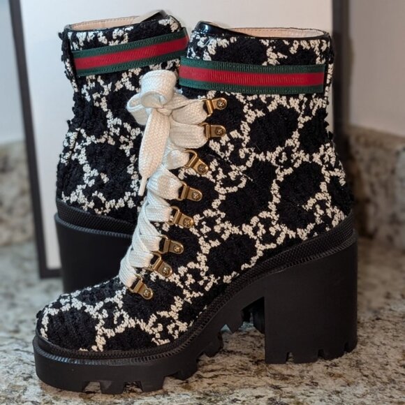 Gucci GG Tweed Snake Sole Boots Black Ivory 37 w/ Box & Dust Bags - Near Mint - Picture 4 of 13